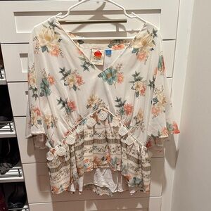 Anthropologie Floral V-Neck Blouse - Cream and Multicolor